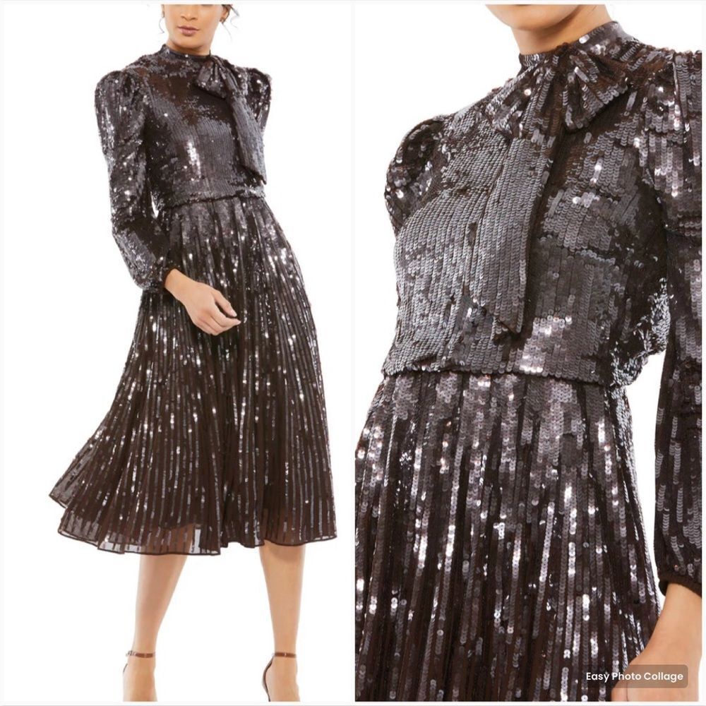 NWT Mac Duggal 93642 LONG SLEEVE TEA LENGTH DRESS Brown Size 8